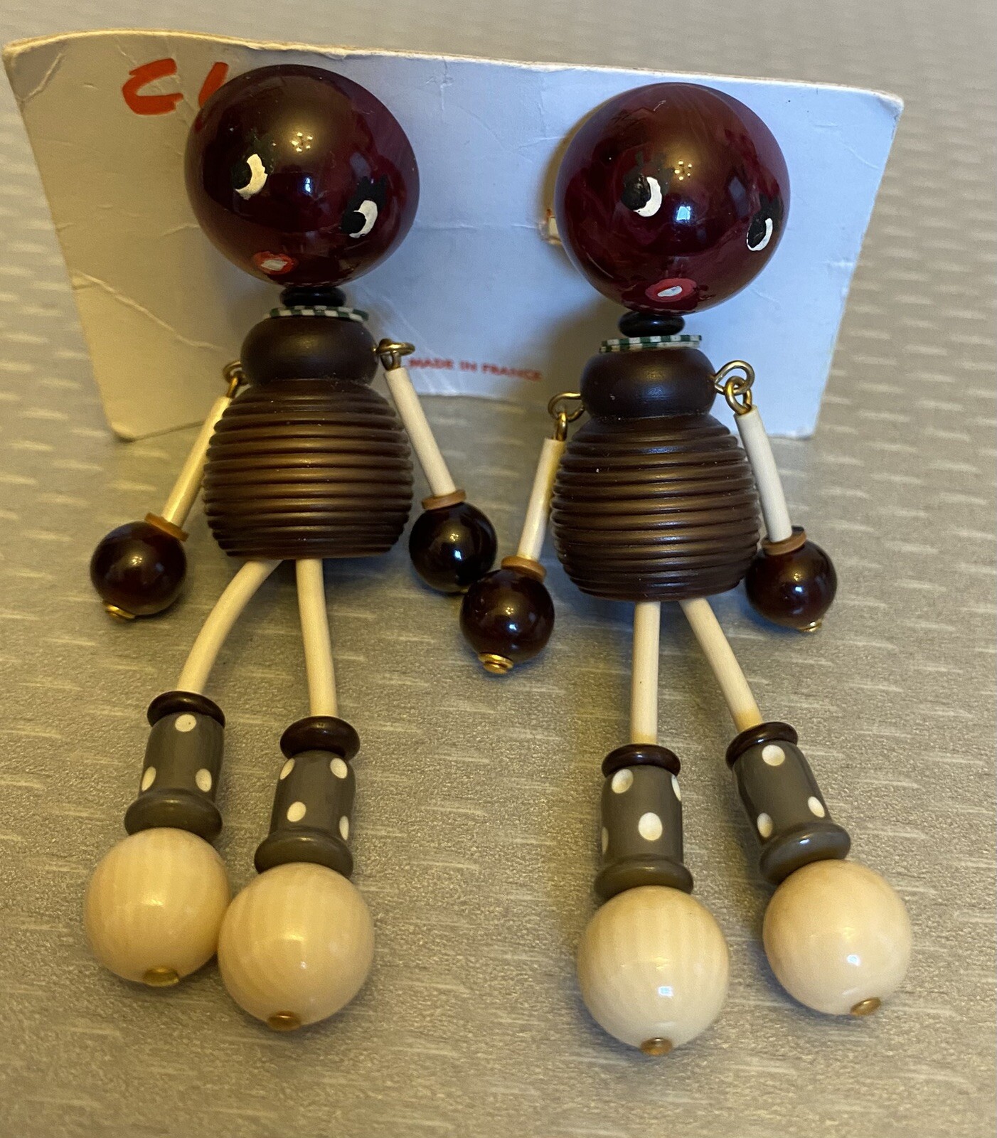 vintage French Celluloid Plastic Beaded Brown Girl Dangly Clip Paris Earrings 3″