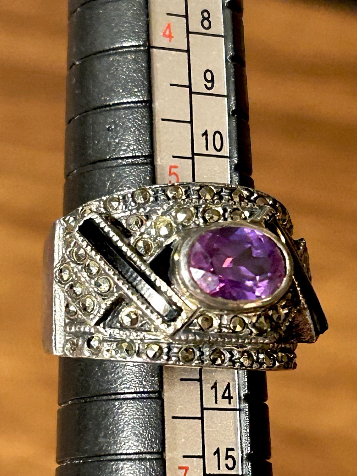 Vintage Wide Band Sterling Ring With Amethyst Marcasite And Onyx Signed Size 6