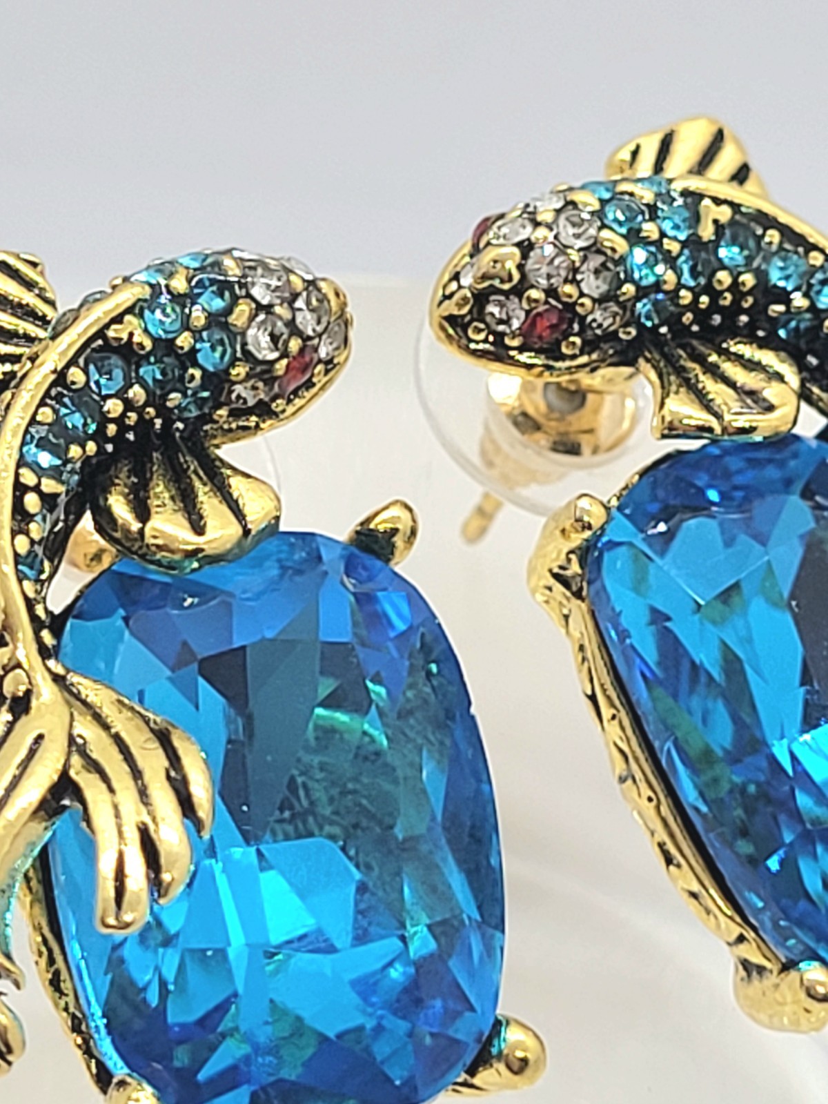 Koi Fish Earrings VTG Gold Fish BLUE Crystal Nouveau Ornate Art Deco CZ Cluster