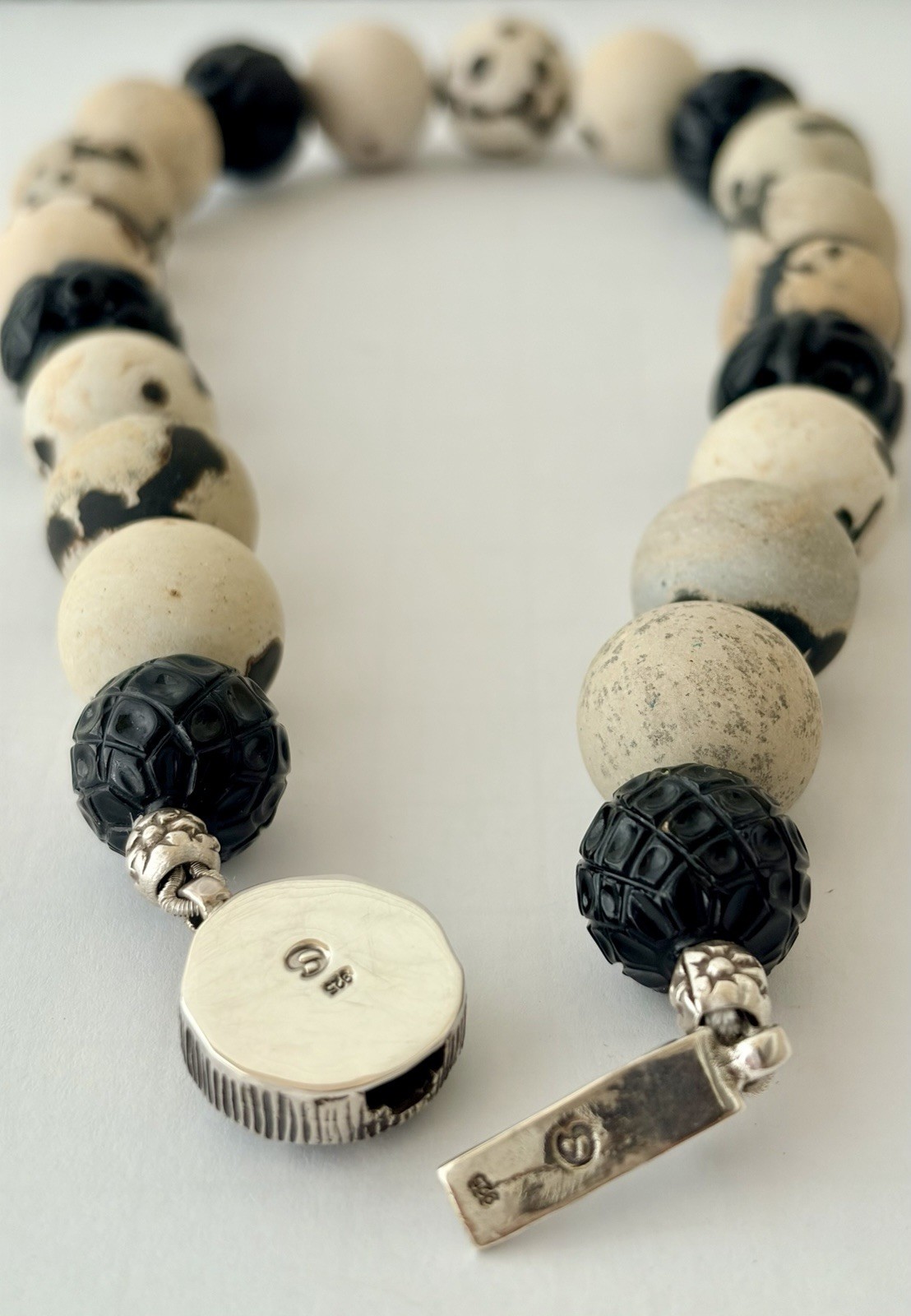 One-of-a-Kind Design 925 Carved Onyx & Matte Variegated Jasper Choker necklace