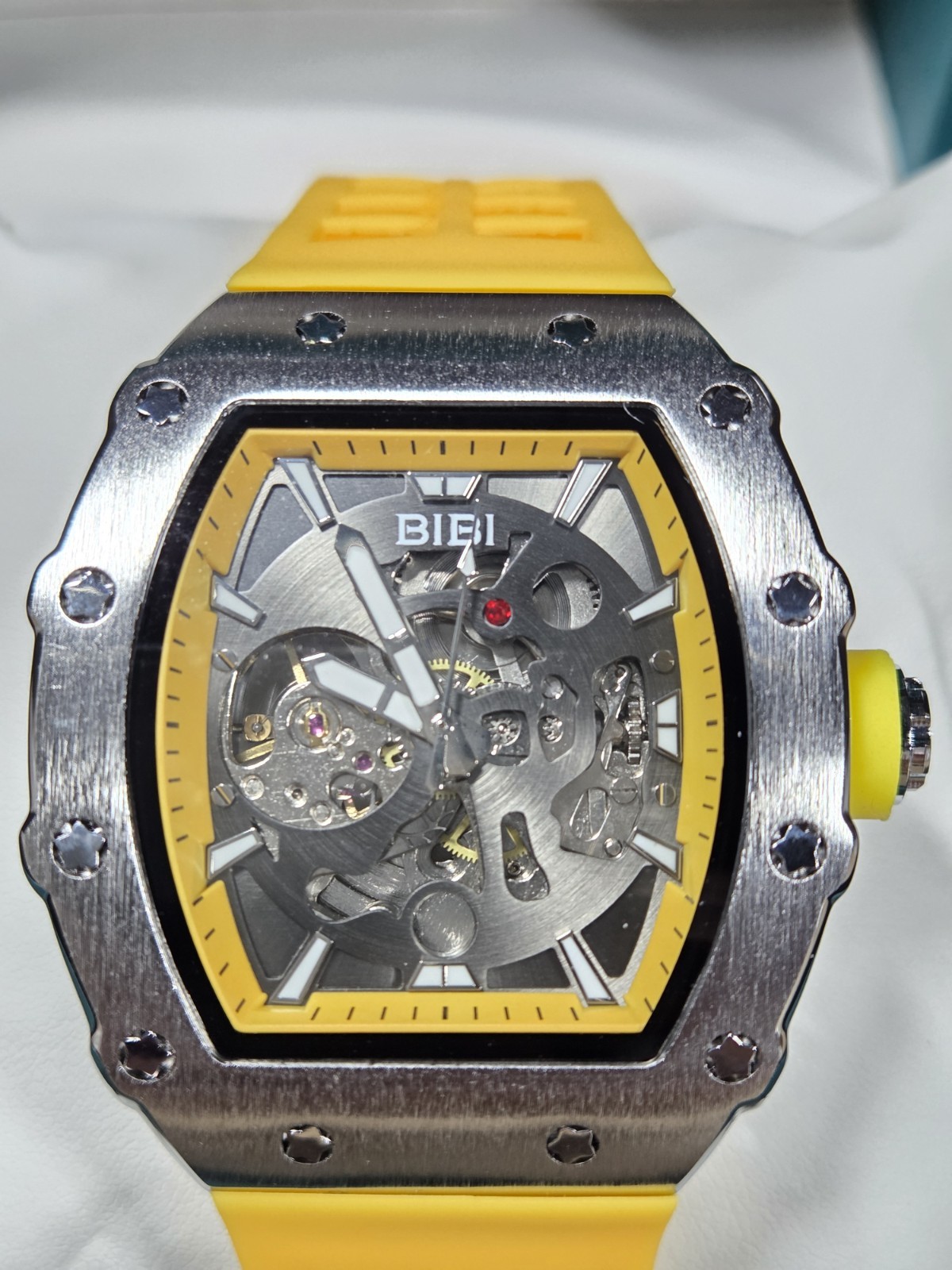 BIBI Luxury Watch BB395 Skeleton Dial Brushed Silver Case, Yellow Silicone Strap