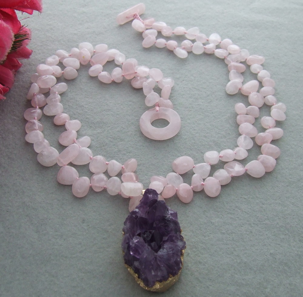 30x44MM Rose Quartz Amethyst Agate Geode Pendant Necklace 21″