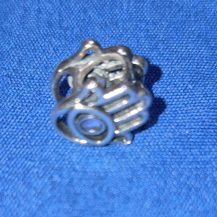 Ale, Silver Tone Openwork Hand/Hamsa Bead Charm, Blue Stone Accent Large Hole