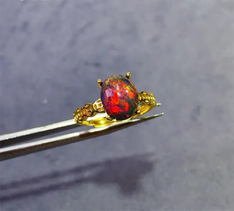 Black Fire Opal Cocktail Ring, Colorful Black Fire Opal Gemstone Ring 8x10mm