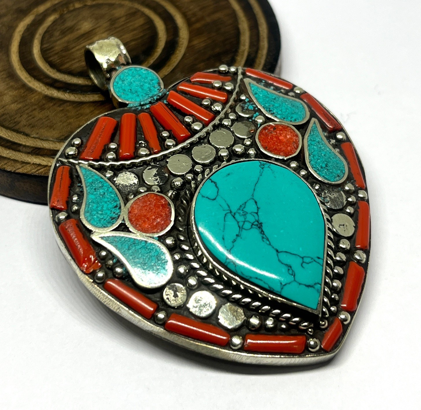 Ethnic Red Coral Turquoise Gemstone Tibetan Style Pendant Jewelry, 2.9 inch