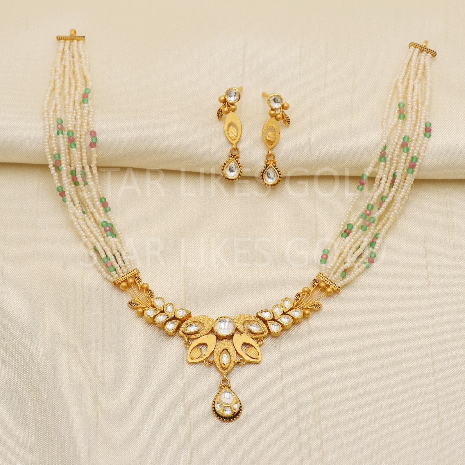 22K Yellow Gold Kundan Floral Pearl Strand Necklace Earrings Set 11.44g