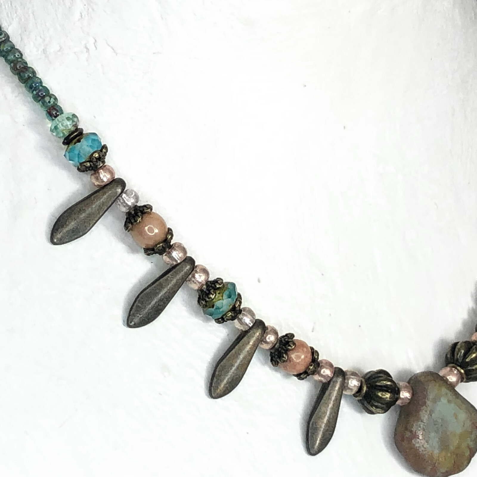 Rustic Czech Glass Picasso Sea Shell Choker with Bronze Daggers