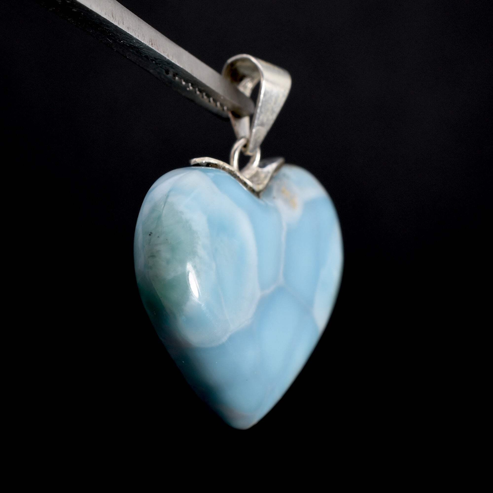 52ct 1.4in Genuine Larimar Heart Pendant for Necklace, Sterling Silver, Dominica