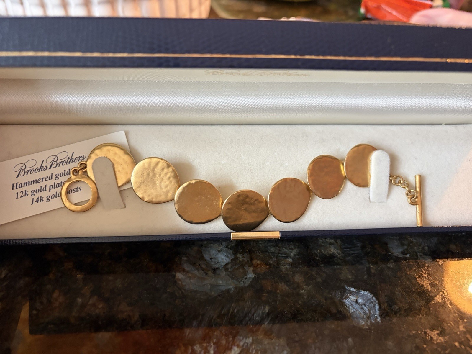 Brooks Brothers Hammered Gold Disks 12k Plated Metal 14k Gold Posts Bracelet