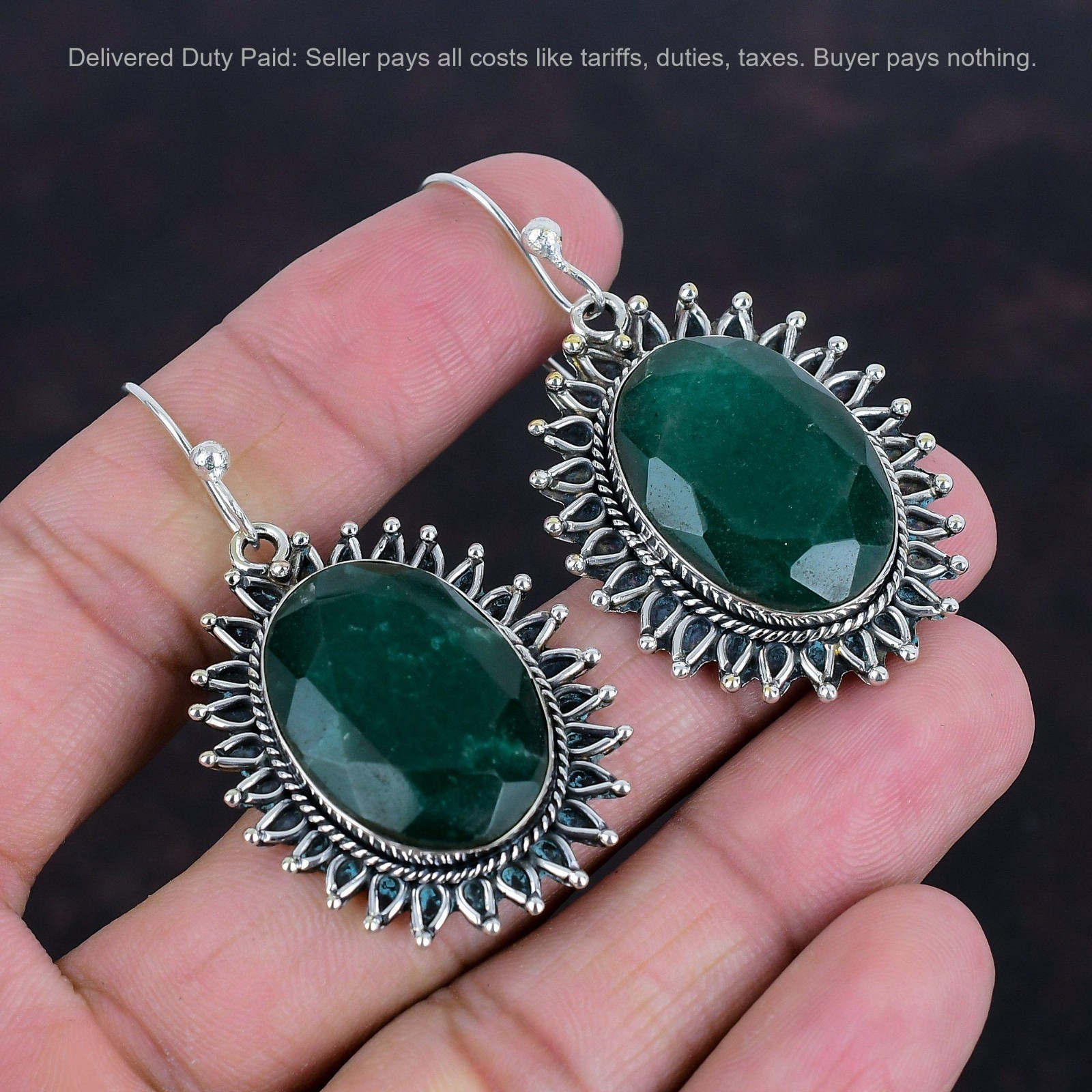 Zambian Emrald Stone Sterling Silver New Anniversary Dangle Earrings Jewelry