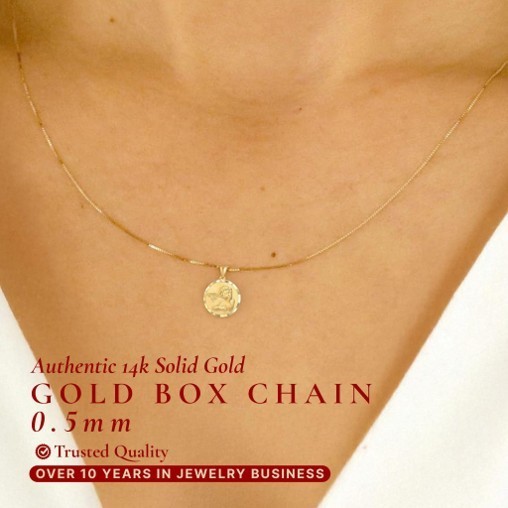 14K Yellow Solid Gold 0.5mm Box Chain Necklace for Layering Everyday Wear