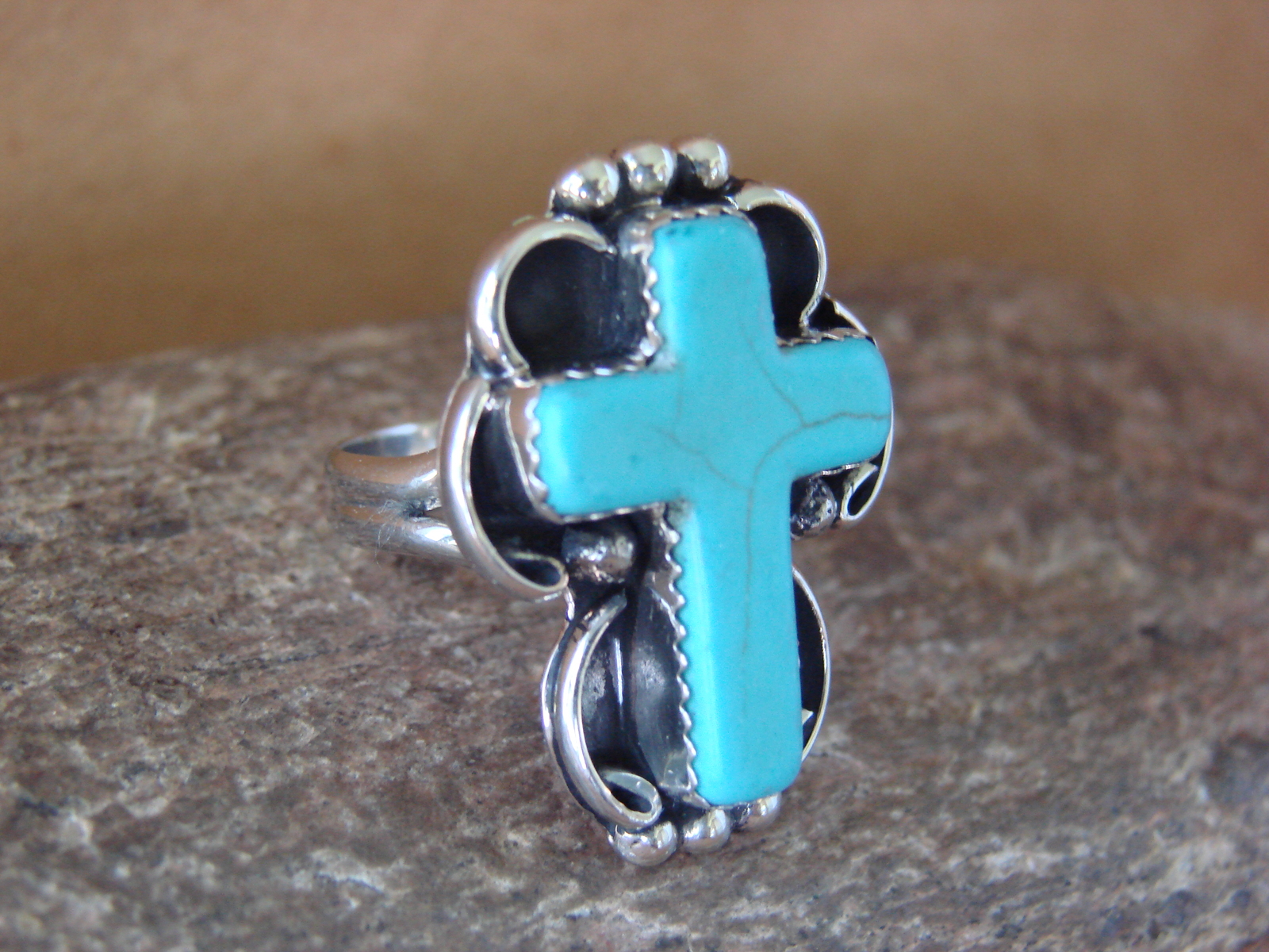 Native American Nickle Silver Turquoise Cross Ring Size 7 1/2 by Phoebe Tolta
