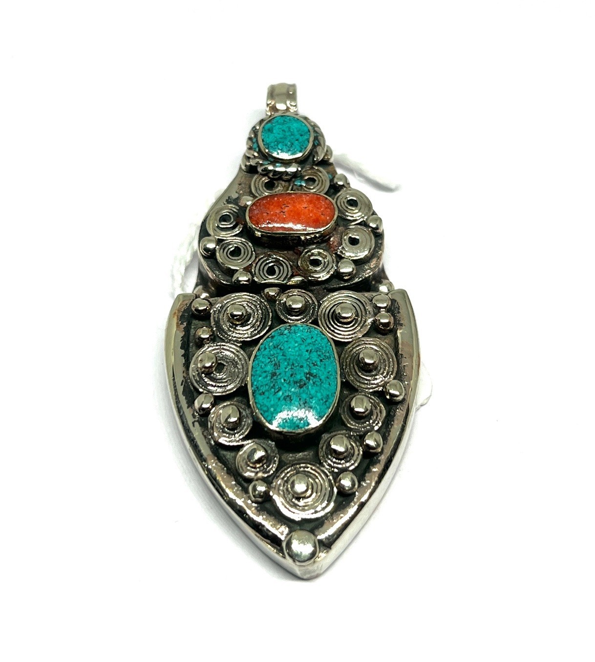 Ethnic Turquoise Coral Gemstone Tibetan Traditional Pendant Jewelry, 2.5 inc