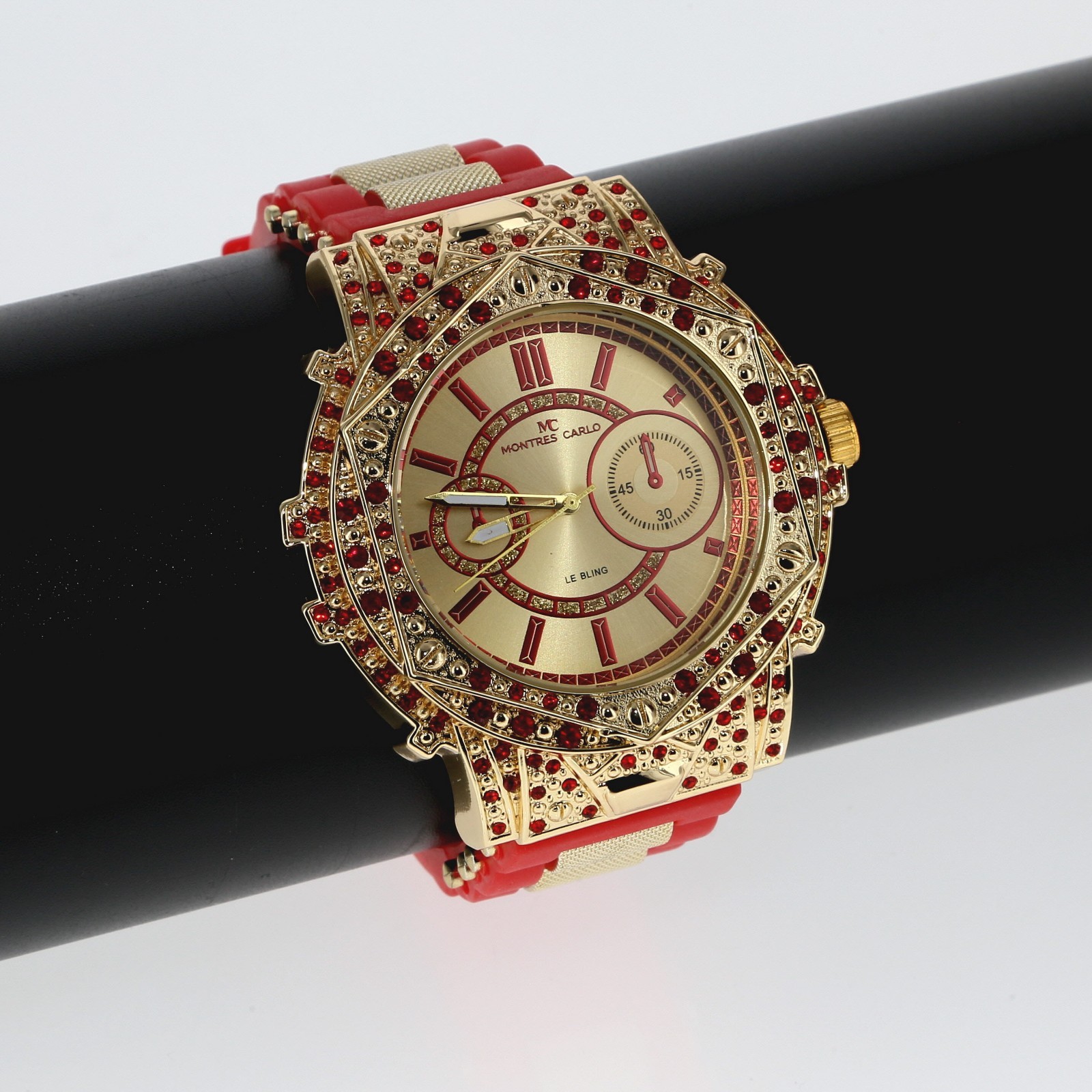 Montres Carlo Men’s Hip Hop rapper Red Stones Gold Finish Clubbing Luxury Watch