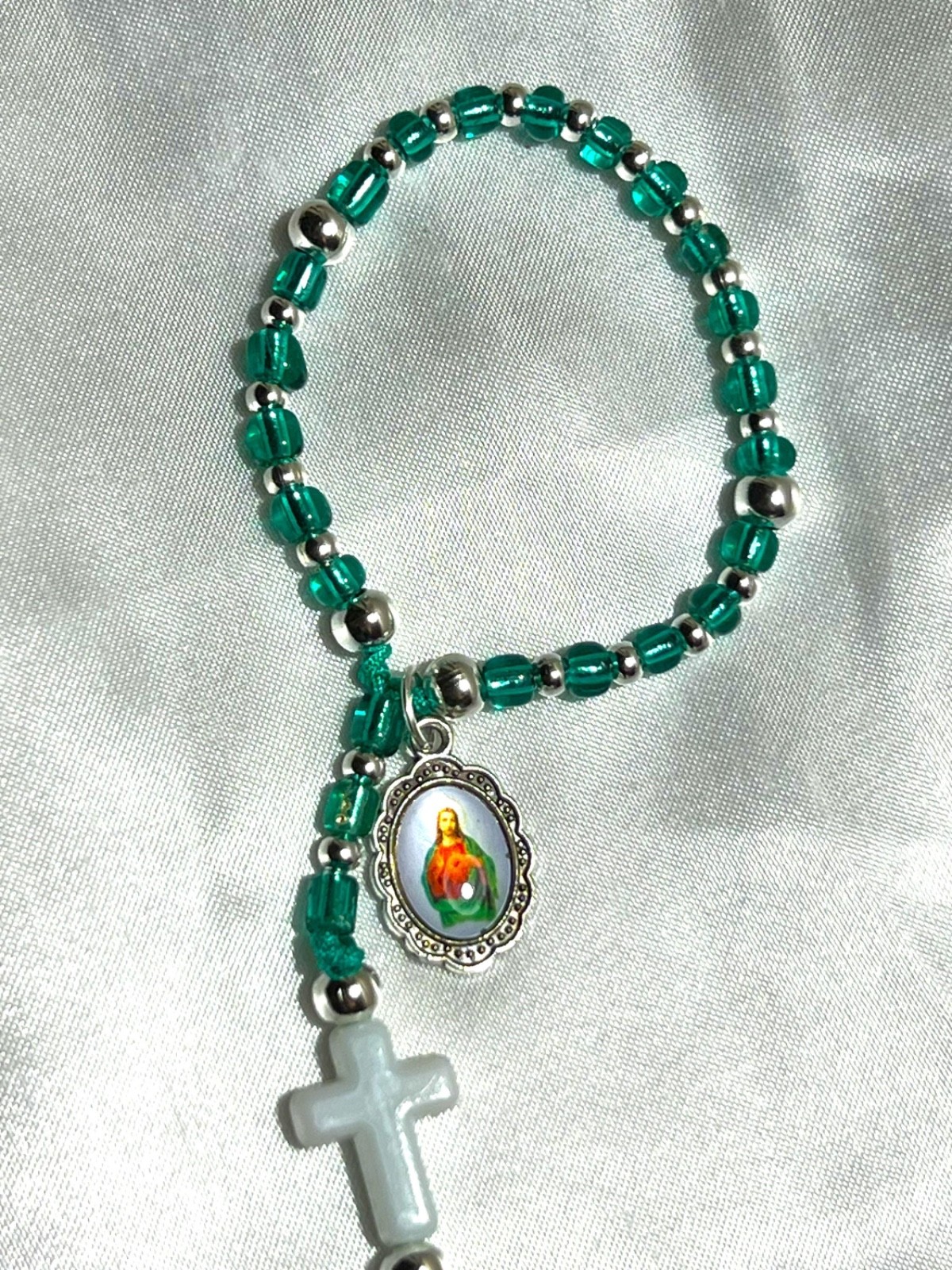 Baby’s First Rosary – Handmade Teal Green Glass Beads Catholic Baptism