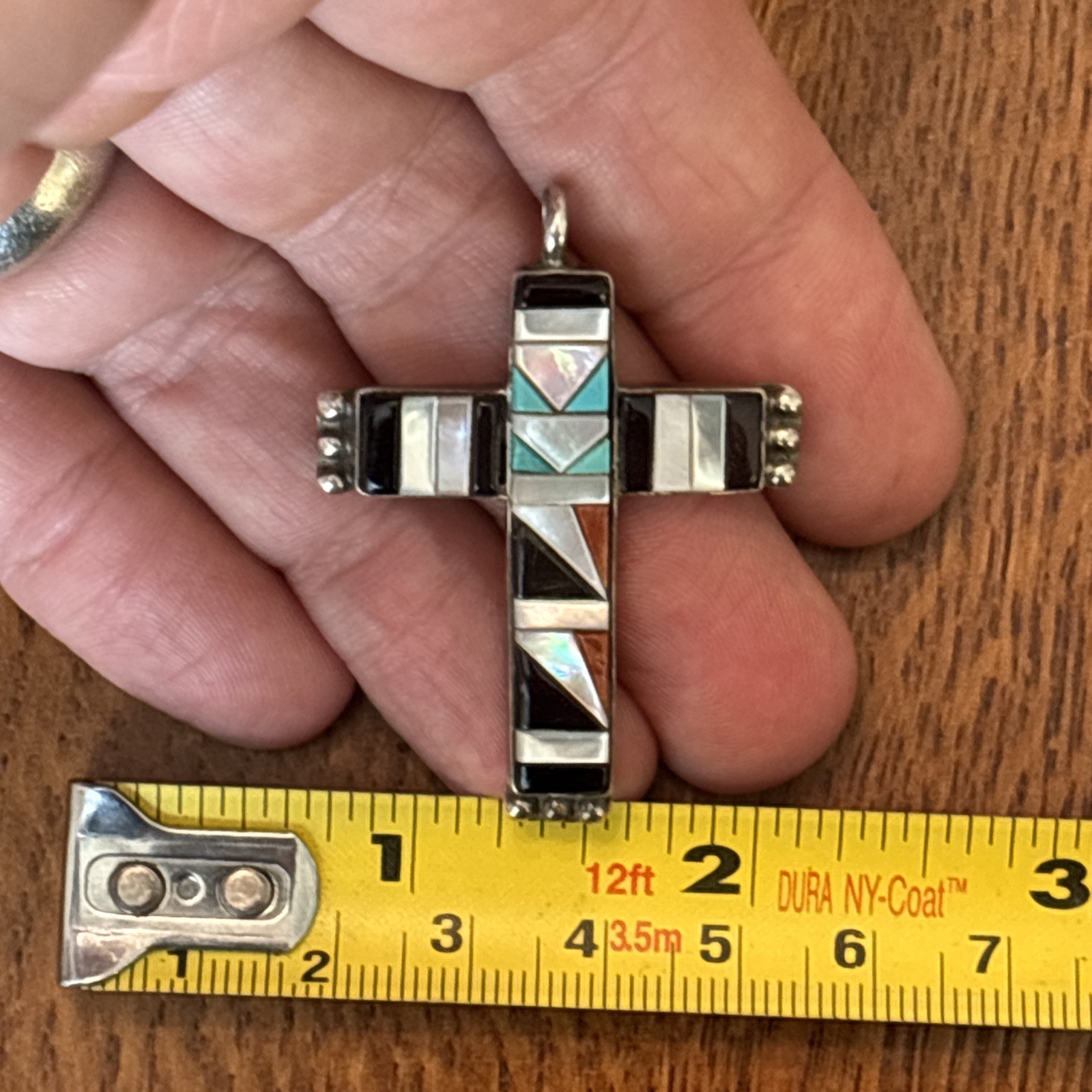 C C Zuni Cross Pendant Sterling Silver Vintage Superb Cobblestone Turquoise Wz