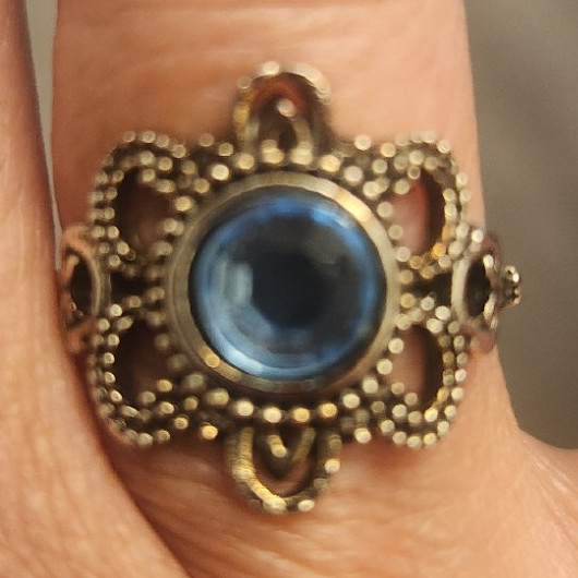 Gold Tone Bezel Set Blue Round Stone Cocktail Ring Size 6, 1 Gemstone