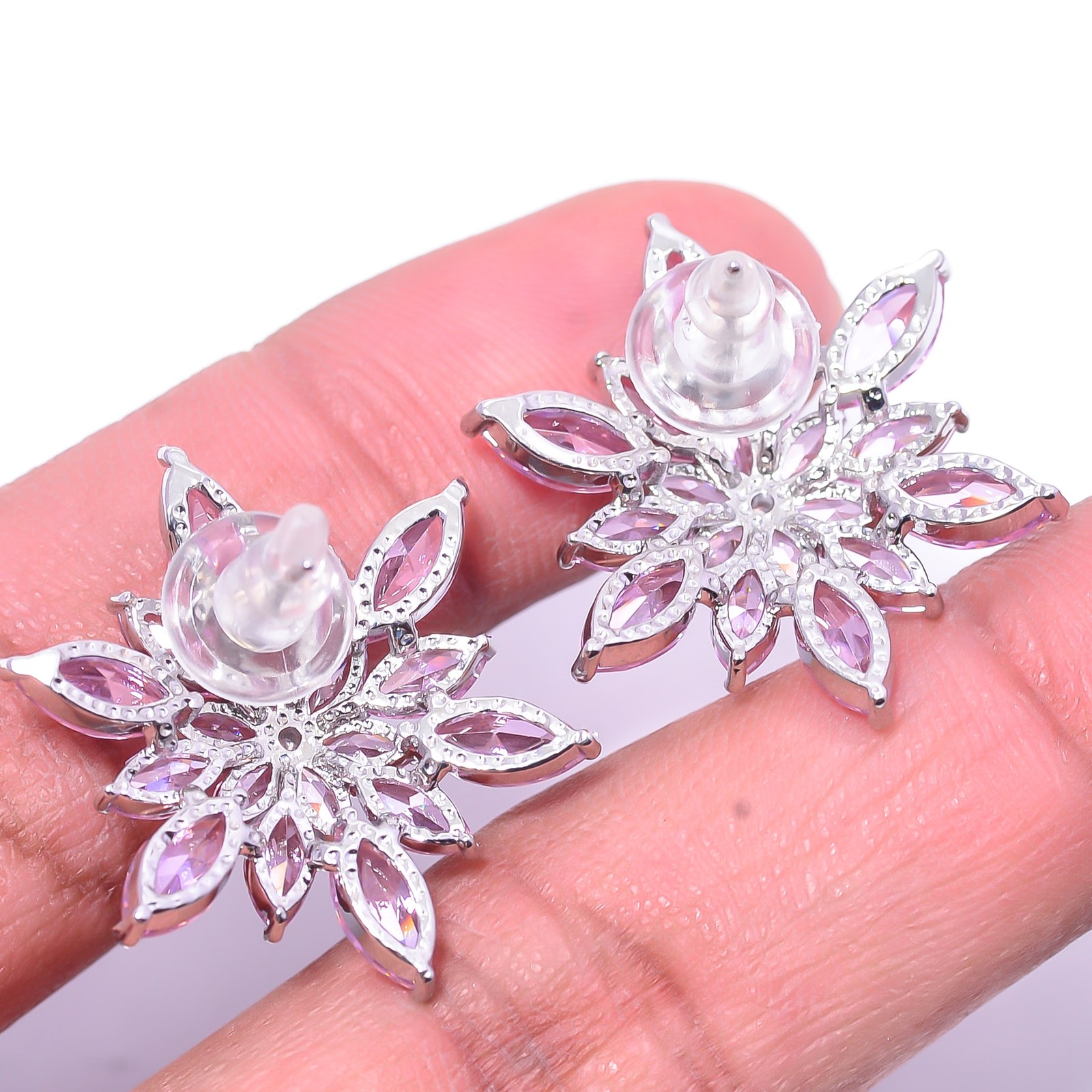 Pink Sapphire – Simulated & CZ 925 Sterling Silver Flower Earring 0.98″ E14