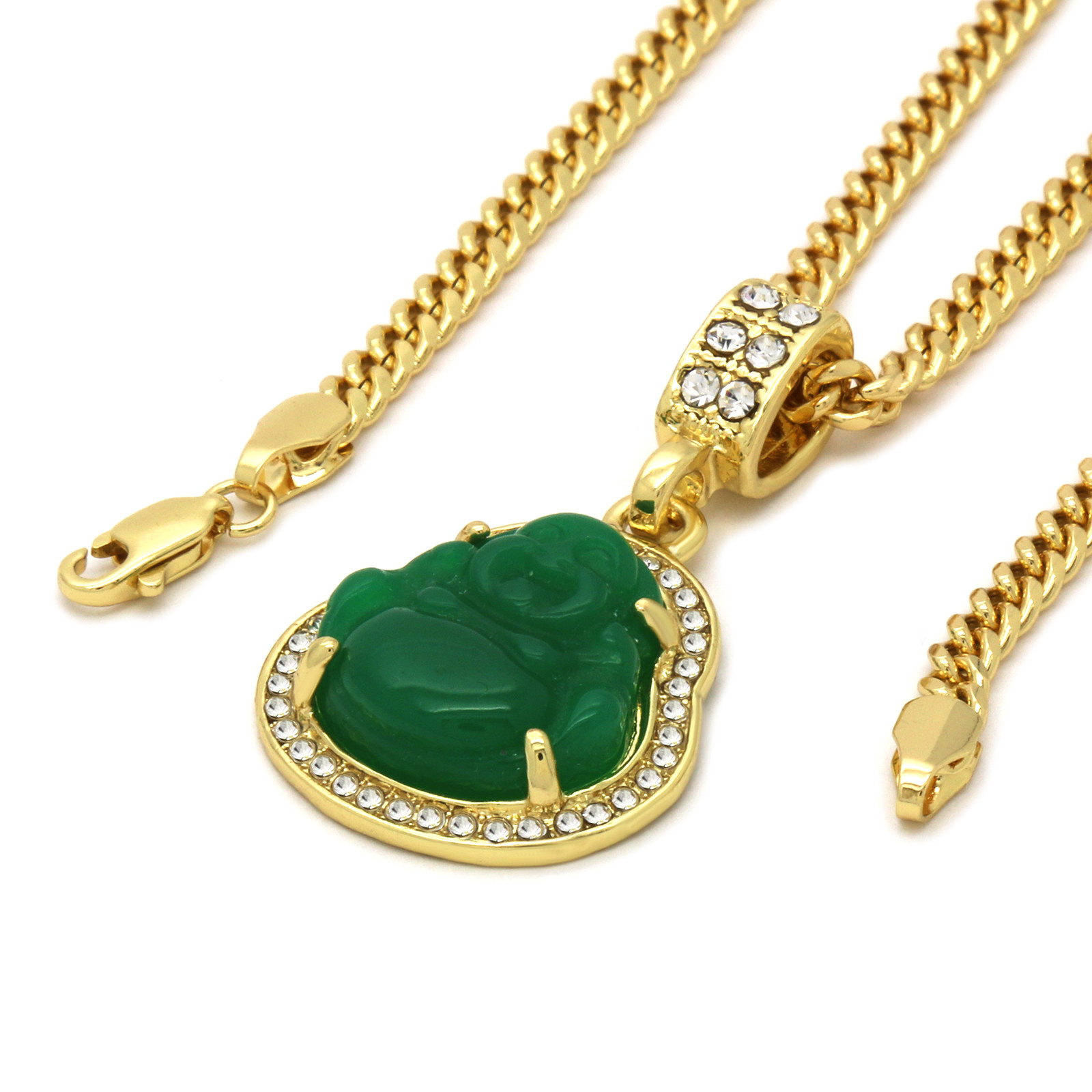 Men 14k Gold Plated green red buddha Cubic-Zirconia 30 & 24″ Cuban Chain