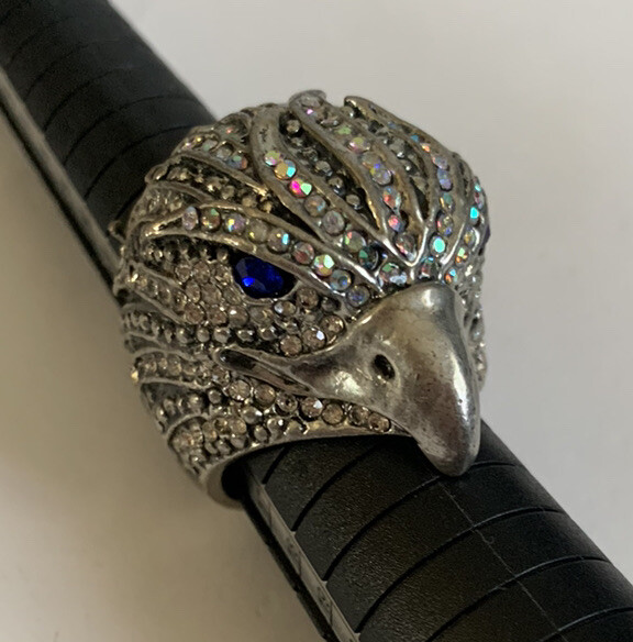 ST & Crystal Eagle Ring W/ Blue Sapphire Rhinestone Eyes, Aurora Borealis Crown