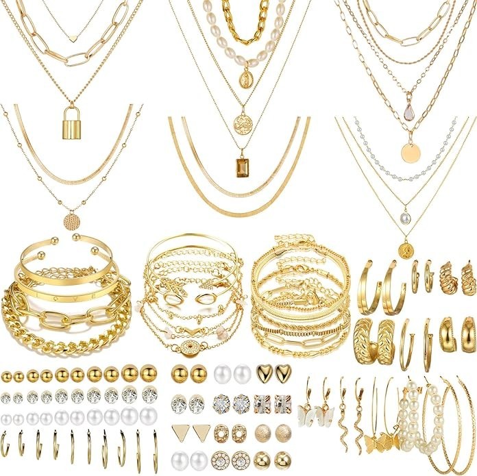 NEWITIN 69 Pieces Gold Jewelry Set for Women Fashion Costume Jewelry Gold Plated