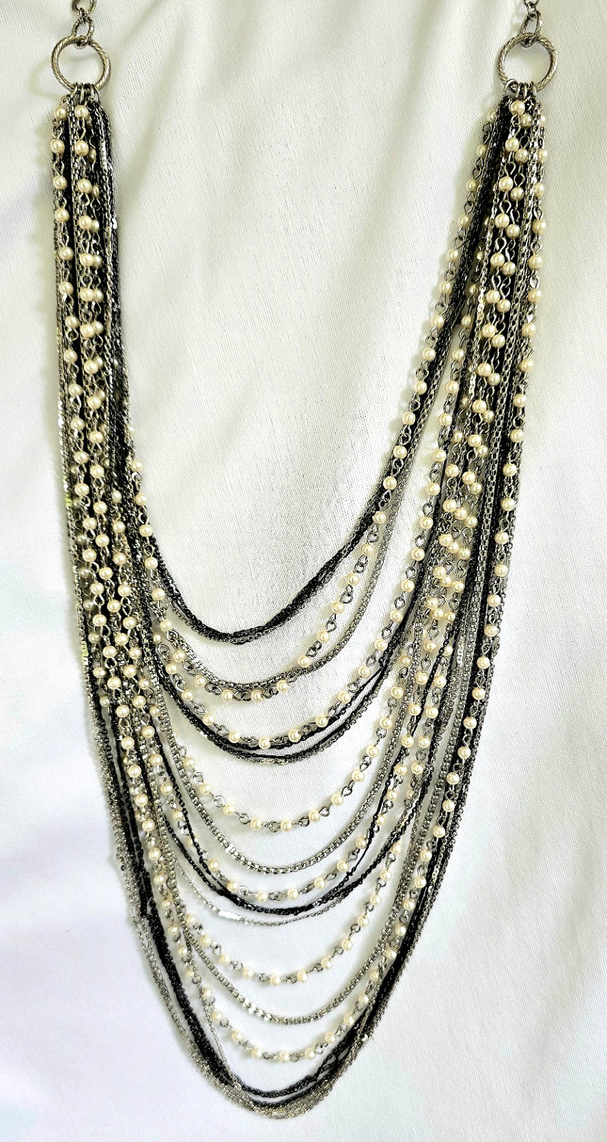 Adrienne 24 Multi Strand Necklace Faux Seed Pearl Silver Black Designer Jewelry