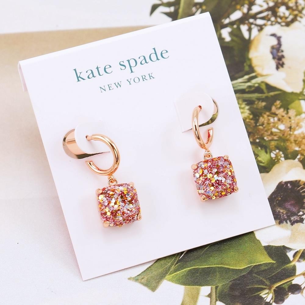 NWT Kate Spade Mini Square Glitter Huggies Earrings $38 Rose Pink Rose Gold