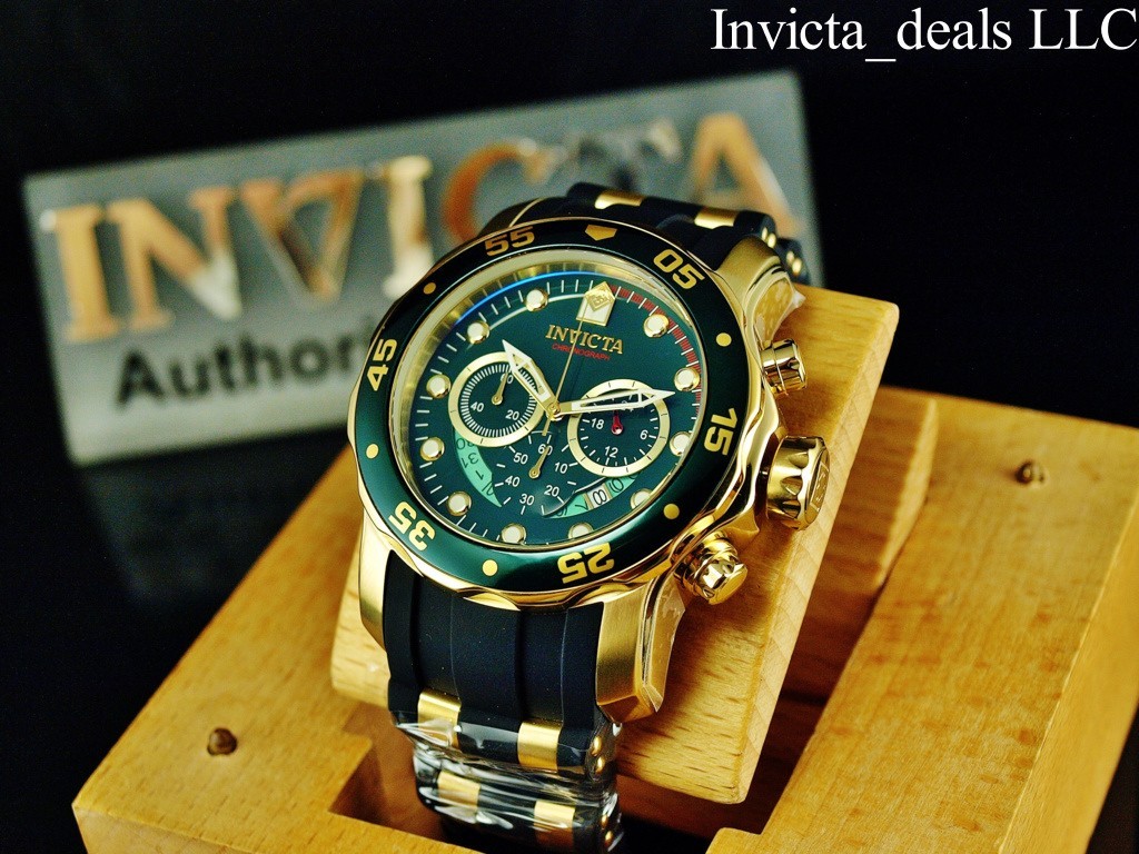 Invicta Men’s 48mm PRO DIVER SCUBA Chronograph GREEN Dial Gold Tone SS Watch