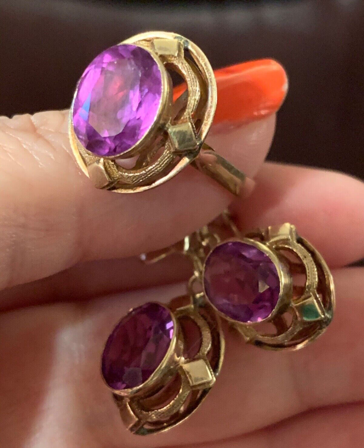 VINTAGE 14K RING & EARRINGS COLOR CHANGE PURPLE SAPPHIRE SET OF 2 CUSTOM MADE