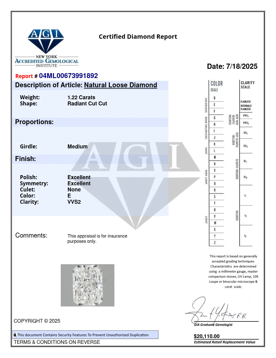 Radiant 1.22 Carat Cert. AGI Natural Mined Diamond Loose E color VVS2 clarity