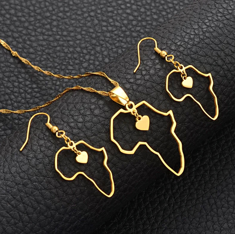 Africa Map Outline Heart Necklace Set with Earrings
