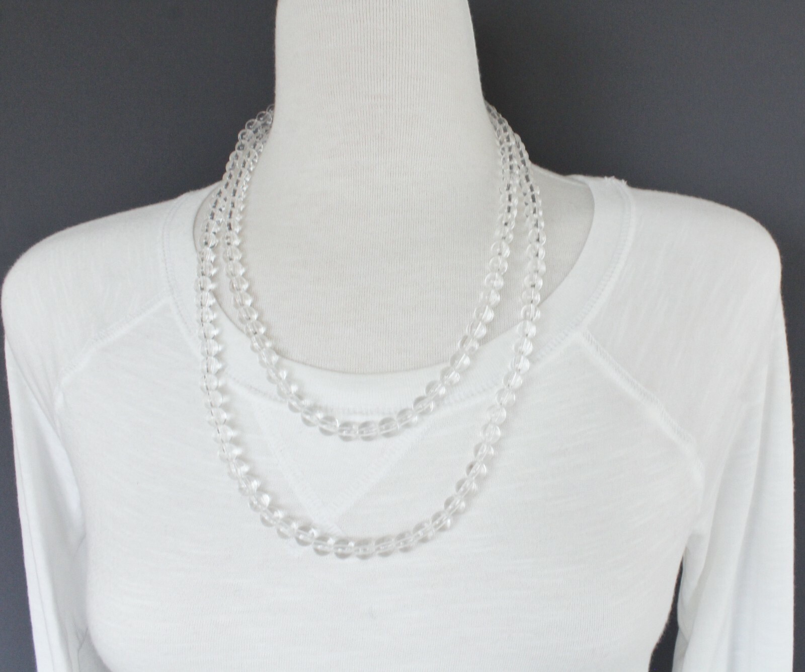 Clear bead long necklace extra long 44″ necklace beaded wrap double look wrapped