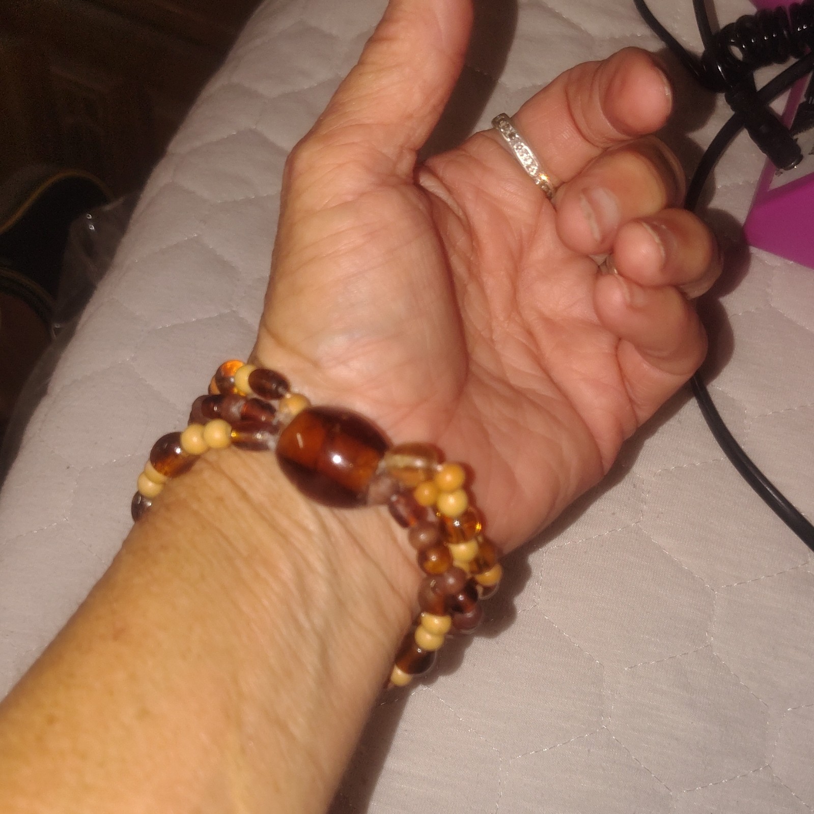 Brown Tan Amber Round Beaded Wrap Bracelet, Stackable Wood Plastic No Closure