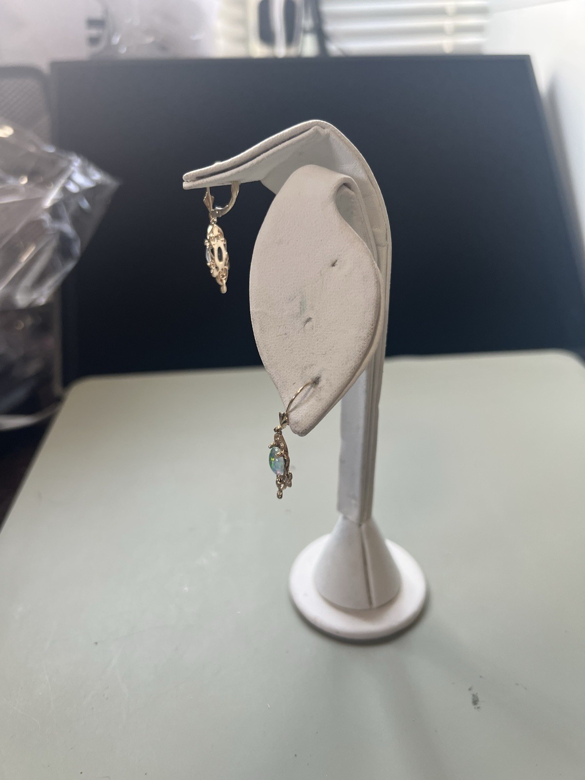 Vintage 14K Yellow Gold Black Opal Dangly Earrings 3.0 g. Very Good Cond B/O
