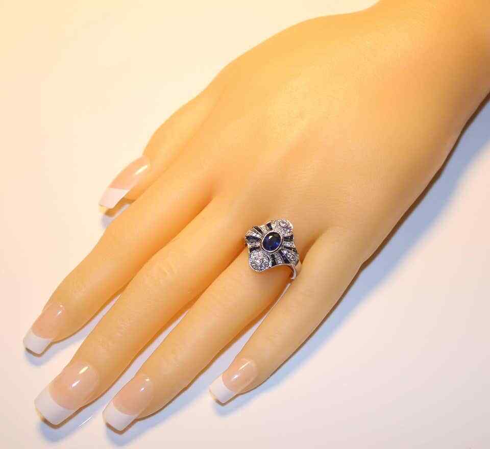 Art Deco Revival Style Fancy Cut Blue Sapphire With Shiny White CZ Gorgeous Ring