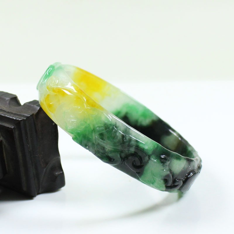 61mm Real Natural Ice Multicolor Burmese Jade jadeite Carving Bracelet Bangle