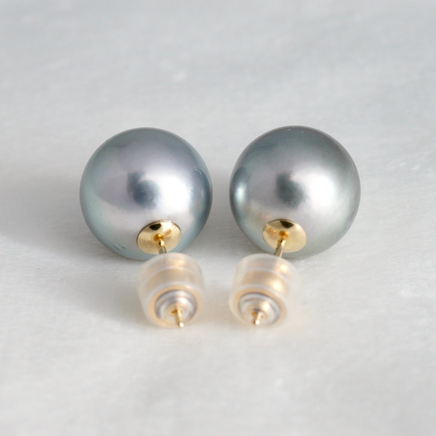 Big 12.2-12.4mm Round Silver Tahitian Pearl Stud Earrings 18k Solid Yellow Gold