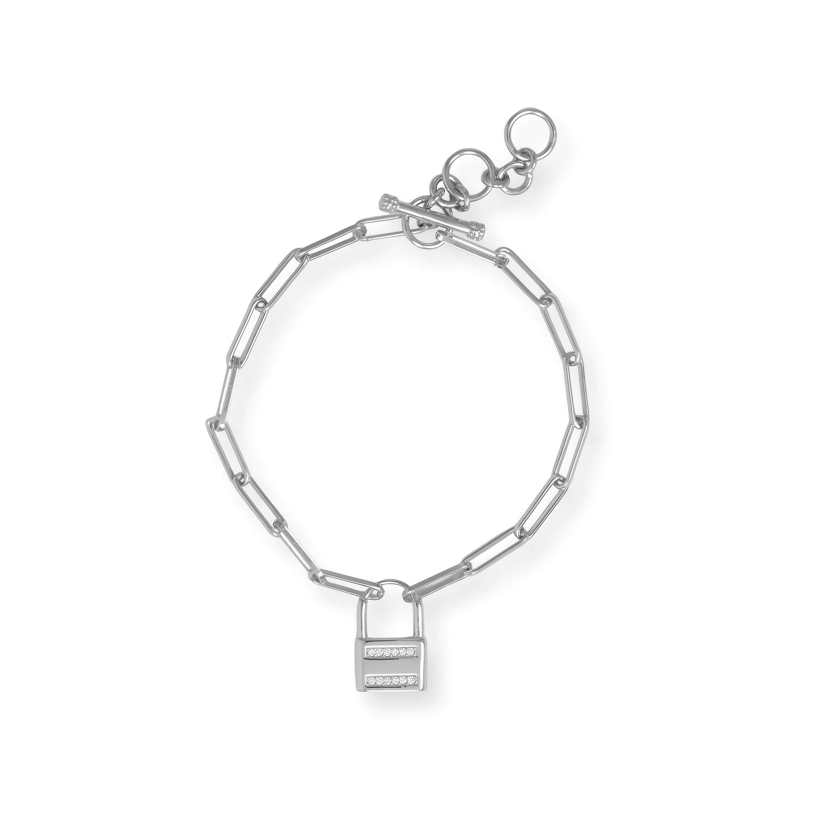 CZ Lock Charm Paperclip Chain Bracelet Rhodium Plated 925 Silver 6.5-7.5in
