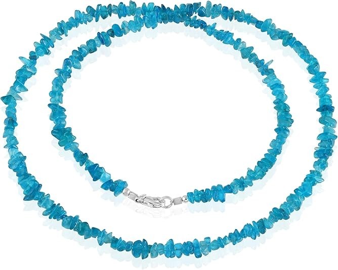 Neon Apatite Rough Nugget Beaded Necklace in 925 Sterling Silver, 24 Inch