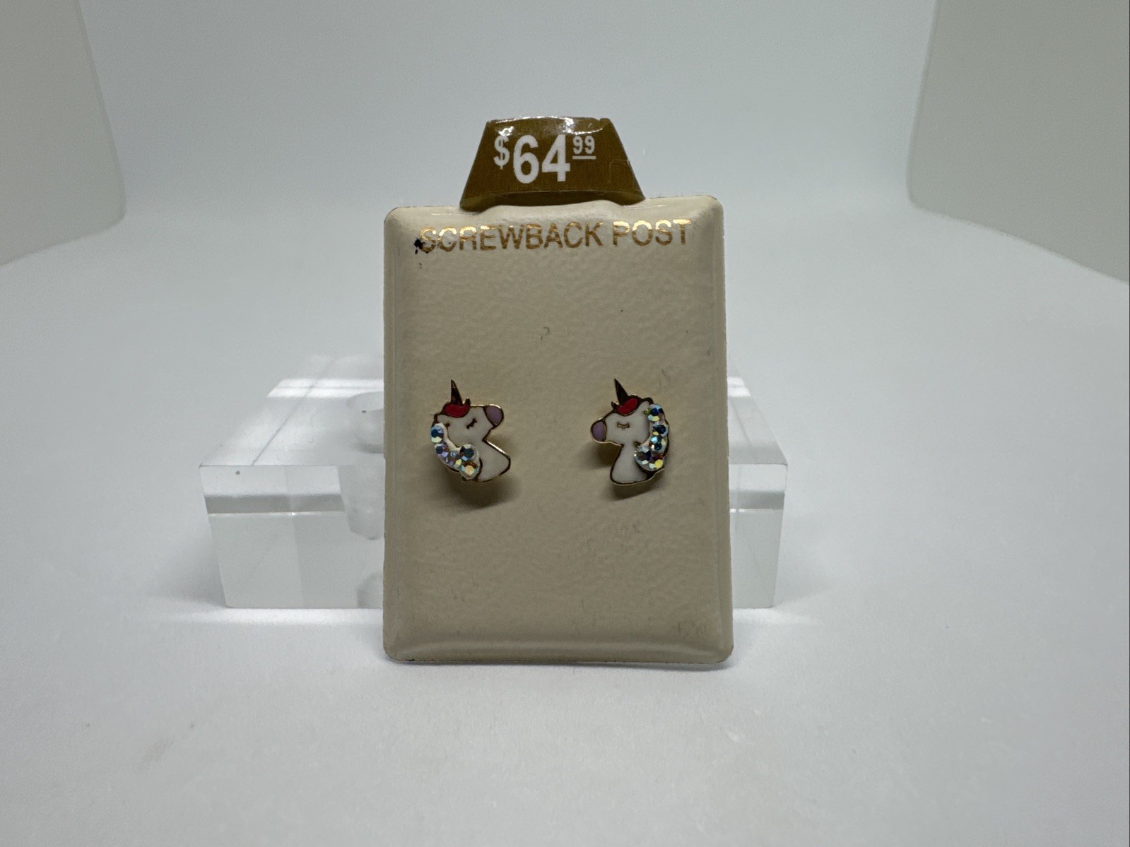 10k Yellow Gold Girl Women All Ages Earring Unicorn Enamel Head Cute Rainbow
