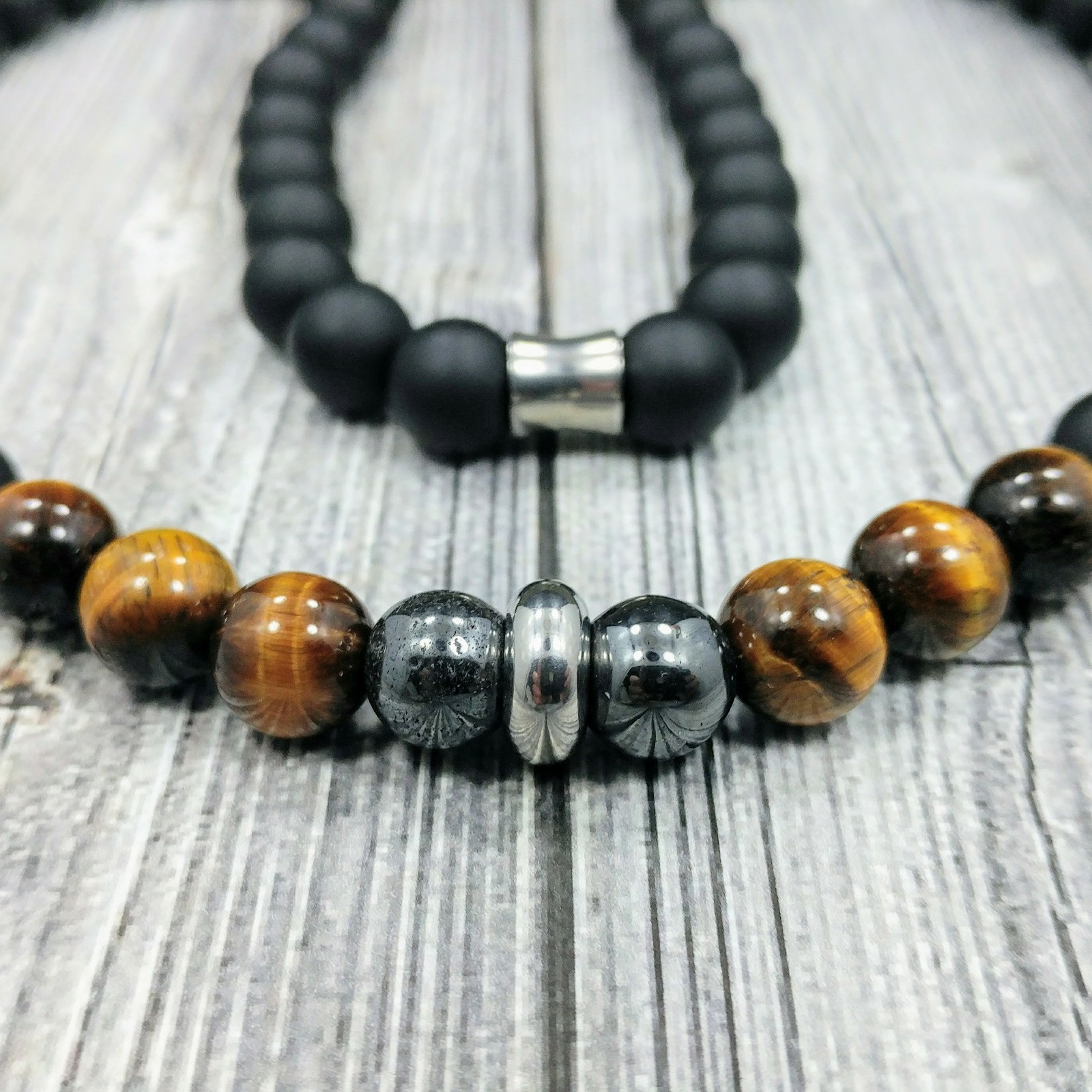 24″L STAINLESS STEEL 10mm Tigers Eye+Onyx+Hematite Gemstone Beaded Mens Necklace