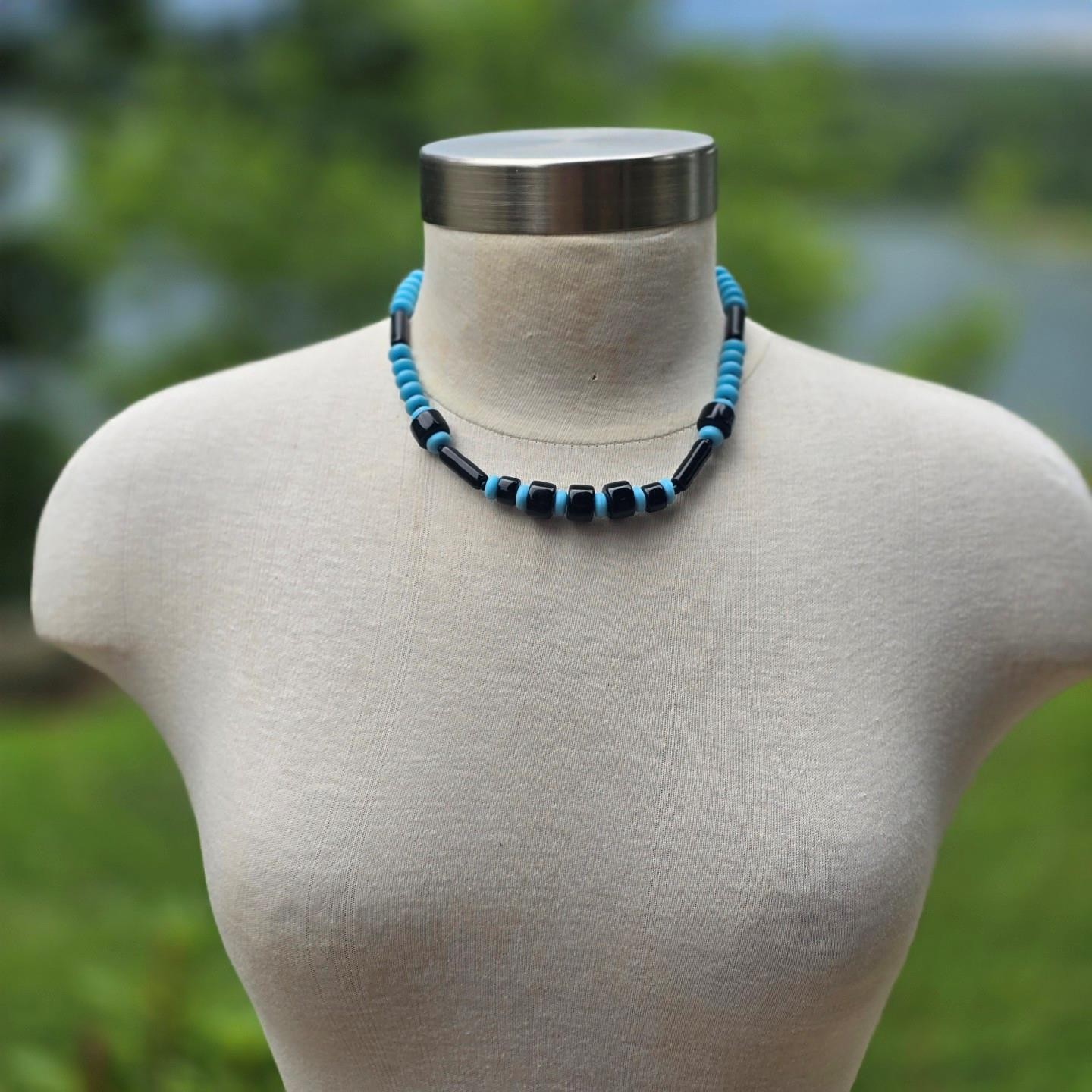 Vintage German Glass Bead Necklace Black & Blue Mid Century Old Stock 18.5 in