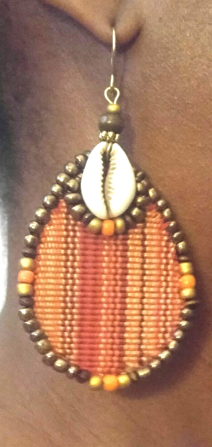 Women’s African Beaded Cowie Shell Drop Fabric Earrings| Boho Jewelry Gift Ideas