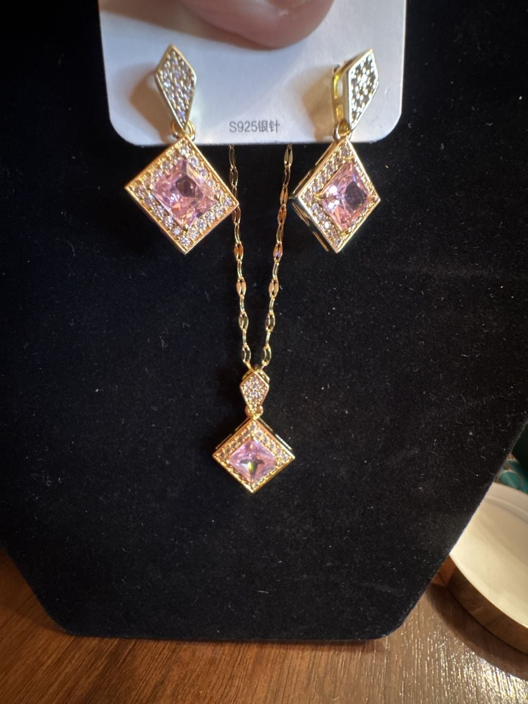 Gold-Tone Square Pink Crystal Pendant Necklace and Earring Jewelry Set with S925