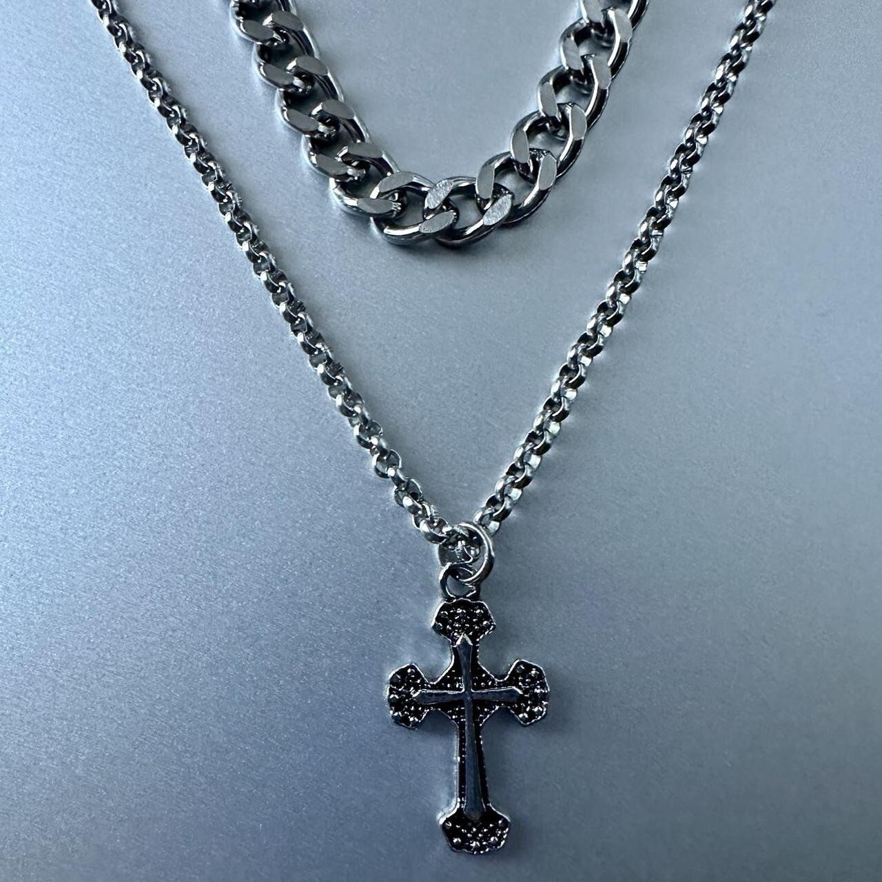 Mens Double Layer Cross Necklace Stainless Steel Chain Hip Hop Unisex Women New
