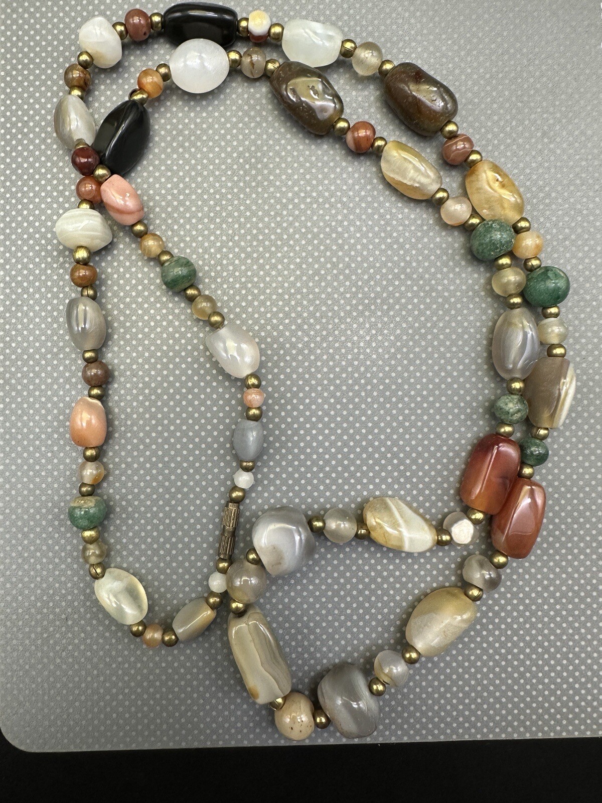 VTG Multi Gemstone Agate Brass Trade Necklace 34” Retro 70s 114g