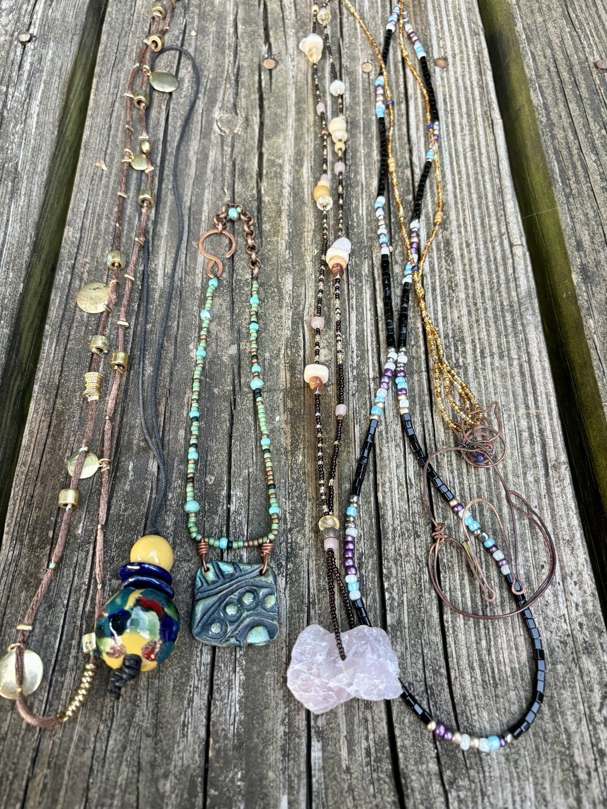 LOT OF BOHO NECKLACES BEADED WOOD YARN CLOTH UNIQUE 6 Necklaces