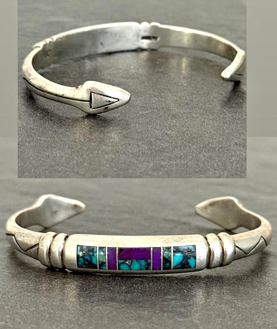 Vintage Navajo REX ABEITA Turquoise Sugilite Inlay ARROW Sterling Bracelet 6.6in