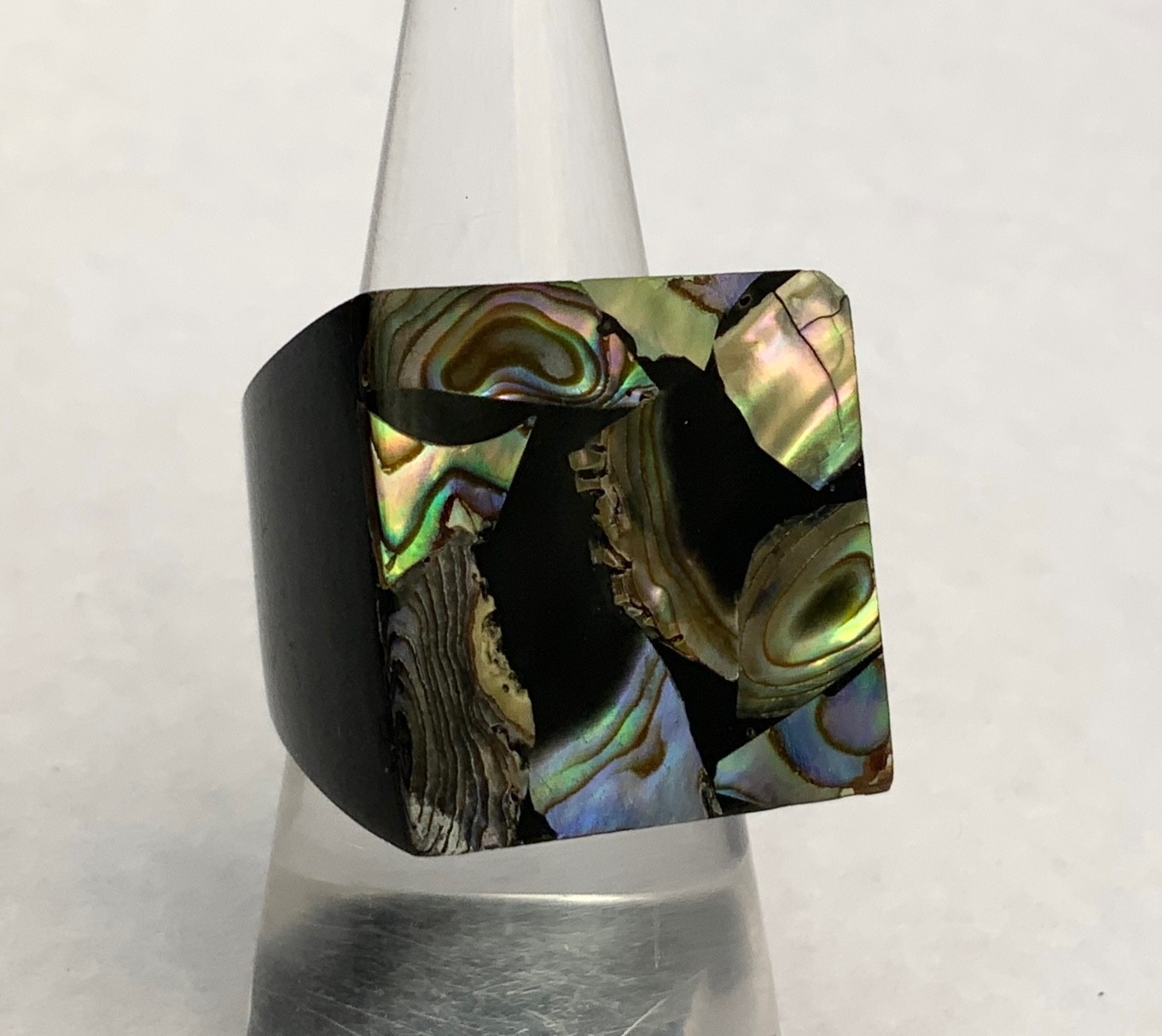 Vintage Ring Paua Abalone Black Square Plastic Resin Mexico Size O