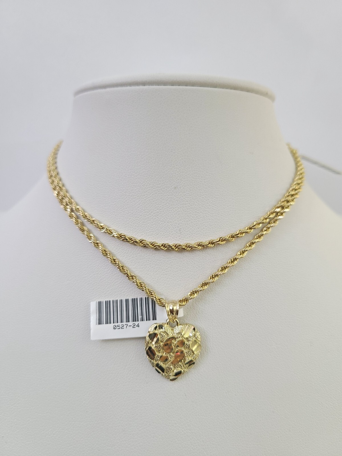 10k 2.5mm Rope Chain Nugget Heart Pendant 18″-30″ Yellow Gold Set Charm Necklace